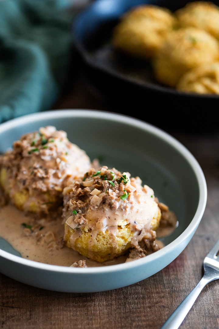 Buttered Cornmeal Skillet Biscuits and Sausage Gravy